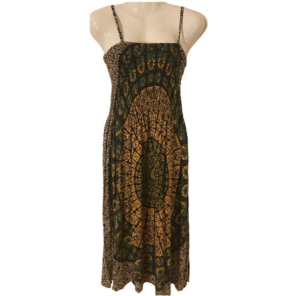 Peaceful People Dresses & Skirts - Peaceful People Sundress Womens Size S Smocked Midi  Black Yellow Green